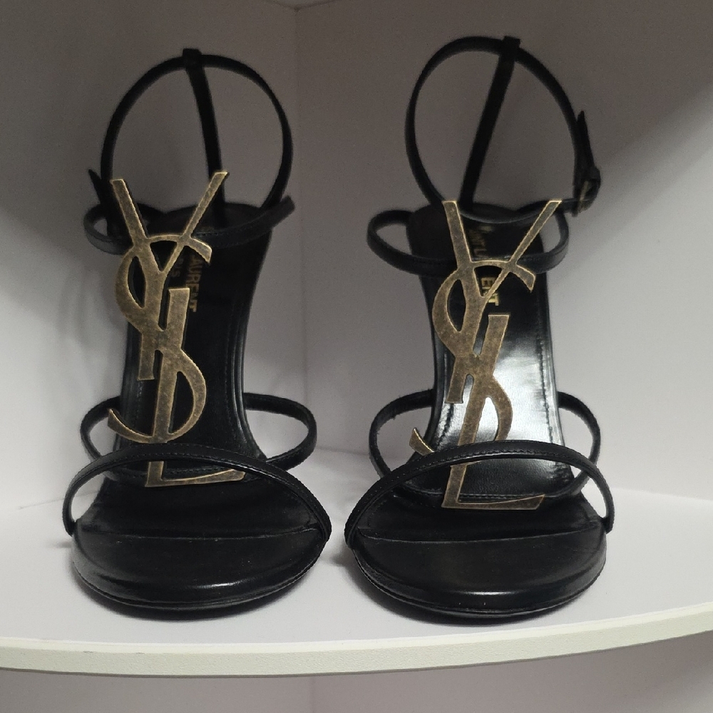 Yves Saint Laurent Cassandra Black Heels with Gold Logo